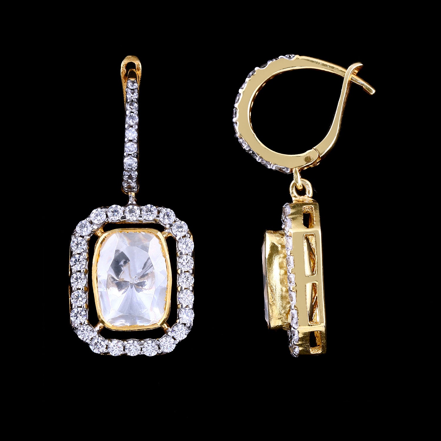 Rectangle Halo Polki Bali Earrings